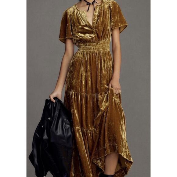 Anthropologie The Somerset Long Maxi Dress: Velvet Edition Gold Size Large L - Picture 4 of 4